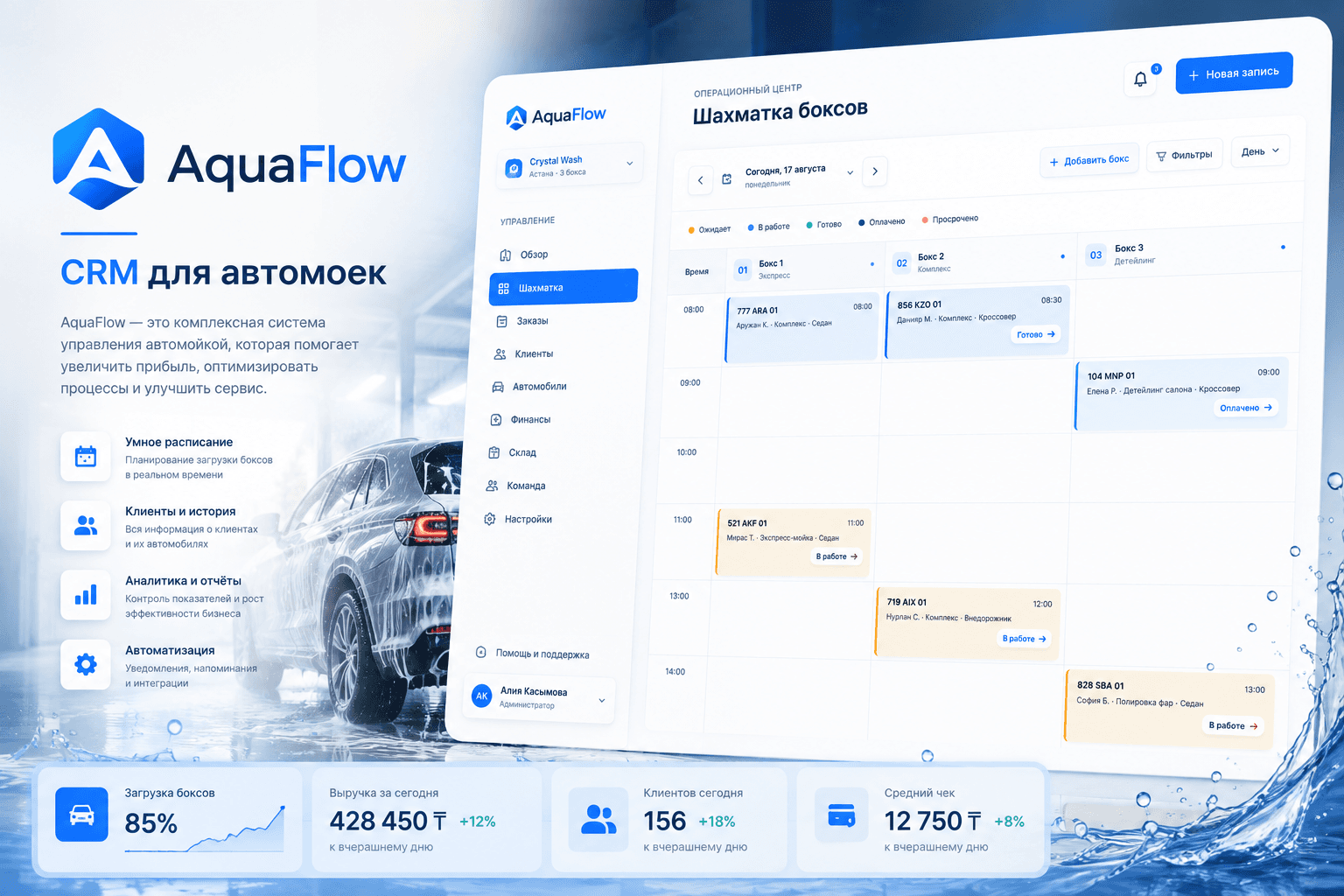 Реальный интерфейс AquaFlow CRM с расписанием постов и записями автомобилей
