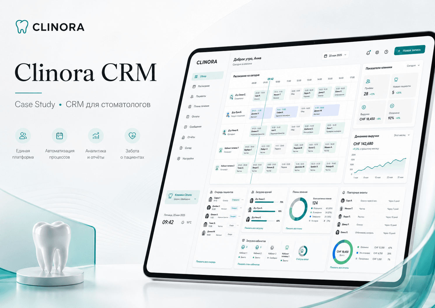 Интерфейс Clinora CRM с расписанием стоматологии, пациентами и аналитикой